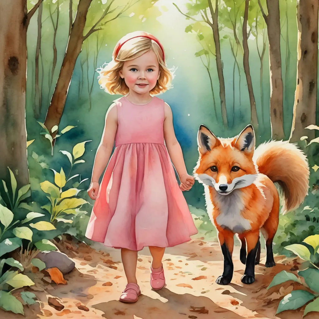 a painting of a little girl and a fox in the woods with leaves and trees in the background,, furry art, a storybook illustration, Elizabeth Durack, storybook illustration