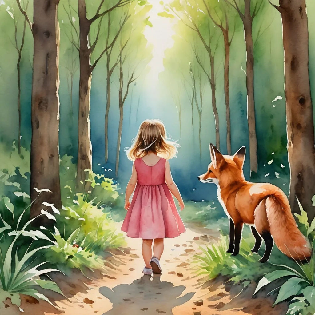 a painting of a girl and a fox in the woods looking at each other and the fox is looking at the girl, fantasy art, a storybook illustration, Elinor Proby Adams, storybook illustration