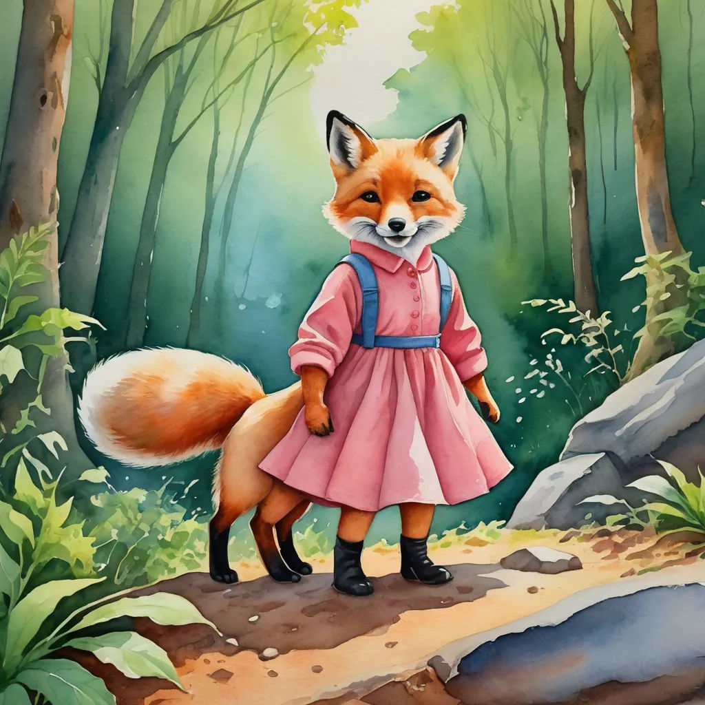 a painting of a fox in a pink dress standing on a rock in a forest with trees and rocks, furry art, a watercolor painting, Beatrix Potter, storybook illustration
