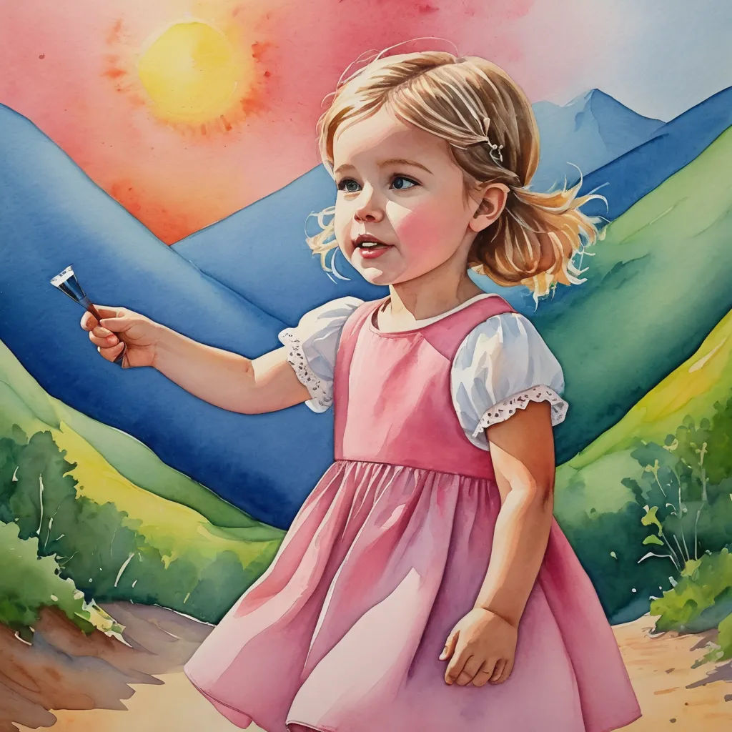 a painting of a little girl holding a brush in her hand and a mountain in the background with a sunset, photorealism, a watercolor painting, Caroline Lucy Scott, detailed painting