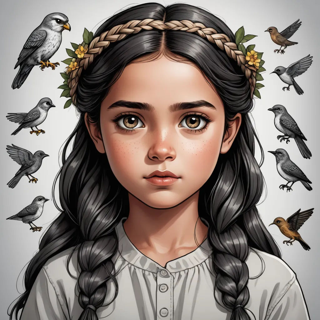 a girl with a braid and birds around her head, with a gray background and a gray background with a white background, fantasy art, a character portrait, Artgerm, trending on art station