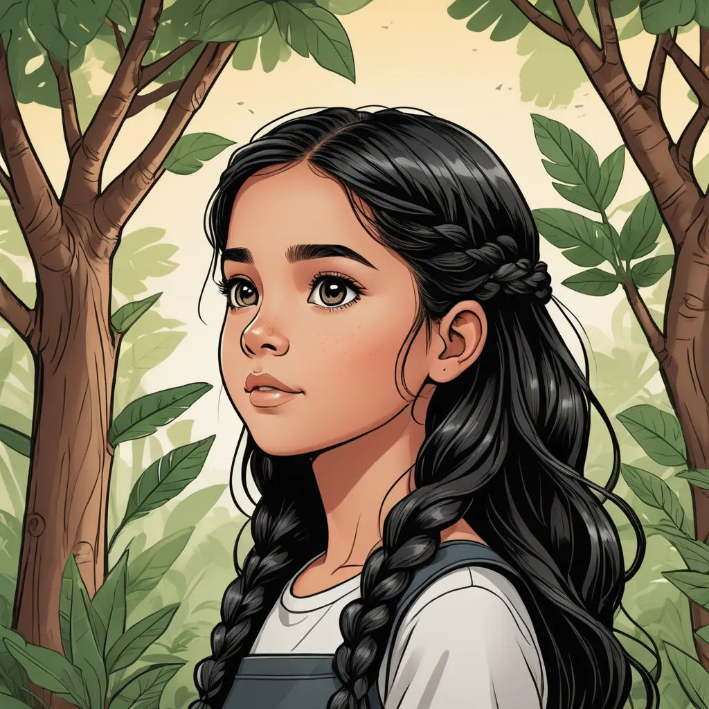 a girl with long hair standing in front of trees and leaves, with a ponytail in her hair, looking to the side, fantasy art, a character portrait, Audrey Kawasaki, comic cover art