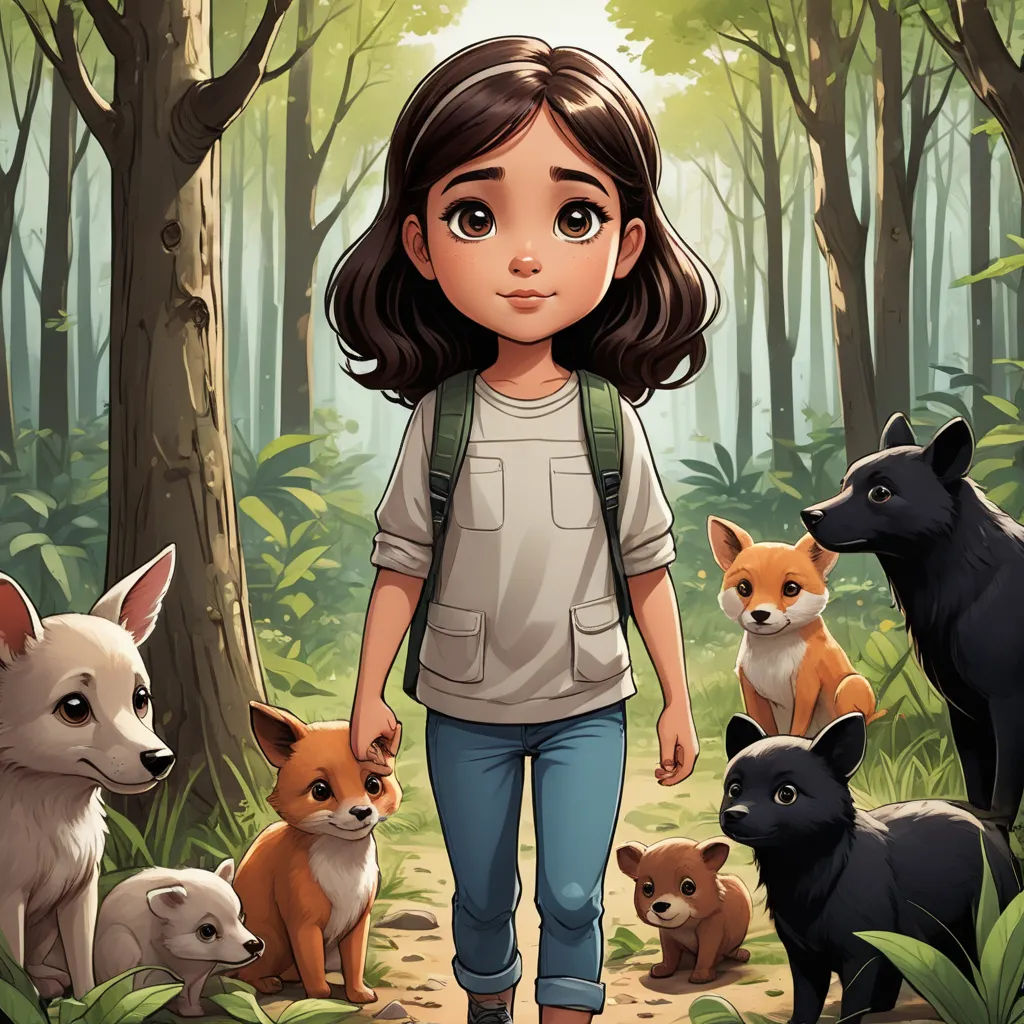 a girl is standing in the woods with her animals and a forest background is full of trees and bushes, furry art, a storybook illustration, Clarice Beckett, comic cover art