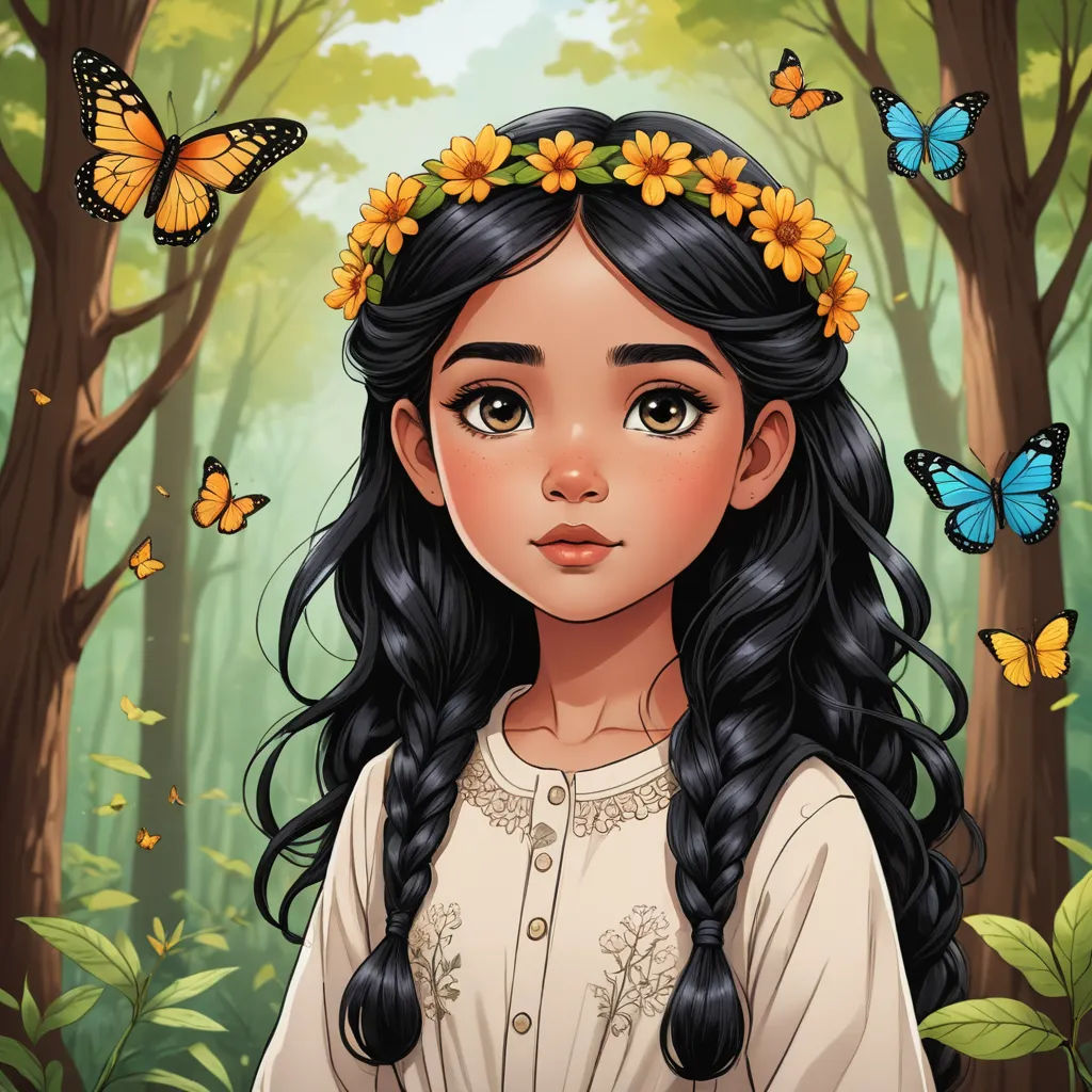 a girl with a wreath of flowers in her hair standing in a forest with butterflies flying around her head, fantasy art, a character portrait, Alice Prin, deviantart artstation