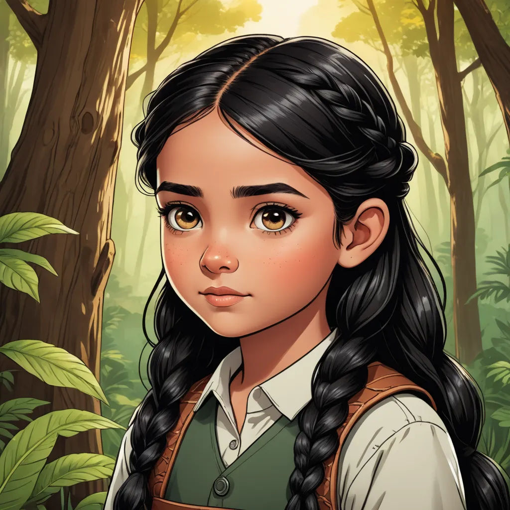 a girl with long black hair and a braid in a forest with trees and leaves behind her is looking at the camera, fantasy art, a character portrait, Anne Said, character portrait