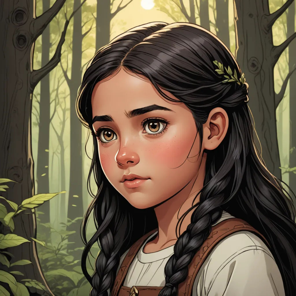 a girl with long hair and a braid in a forest with trees and sun shining through the trees behind her, fantasy art, a character portrait, Brom, deviantart artstation