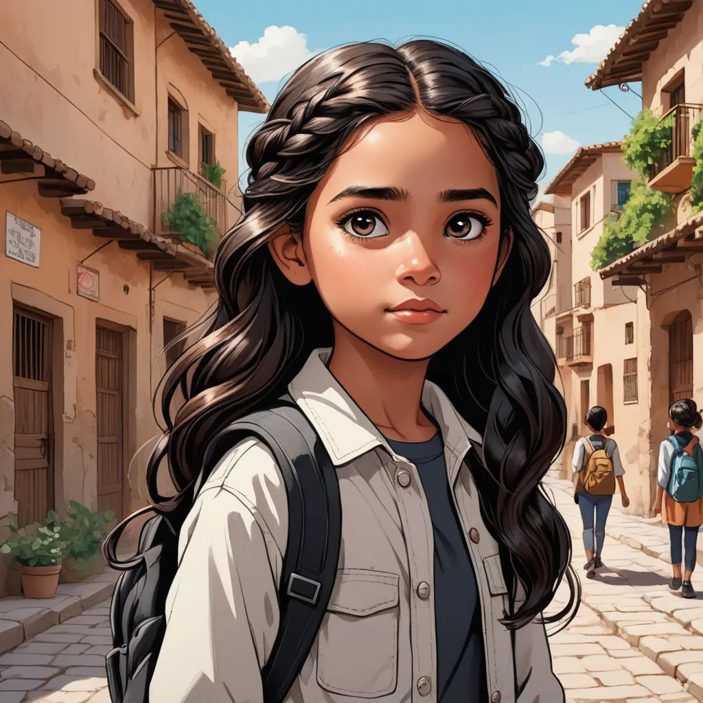 a girl with long hair and a backpack on a street with people walking by her and a building with a balcony, photorealism, a comic book panel, Cliff Childs, trending on art station
