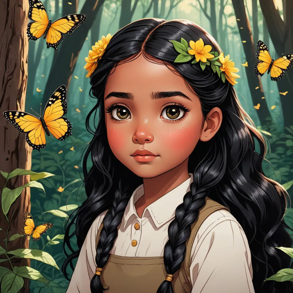 a girl with long hair and a flower in her hair stands in a forest with butterflies flying around her, fantasy art, a character portrait, Evaline Ness, deviantart artstation
