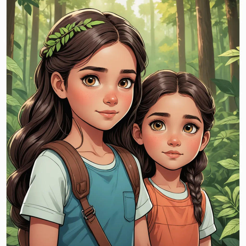 a couple of girls standing next to each other in a forest with trees and leaves on their heads and one girl with a backpack, serial art, a storybook illustration, Artgerm, trending on art station