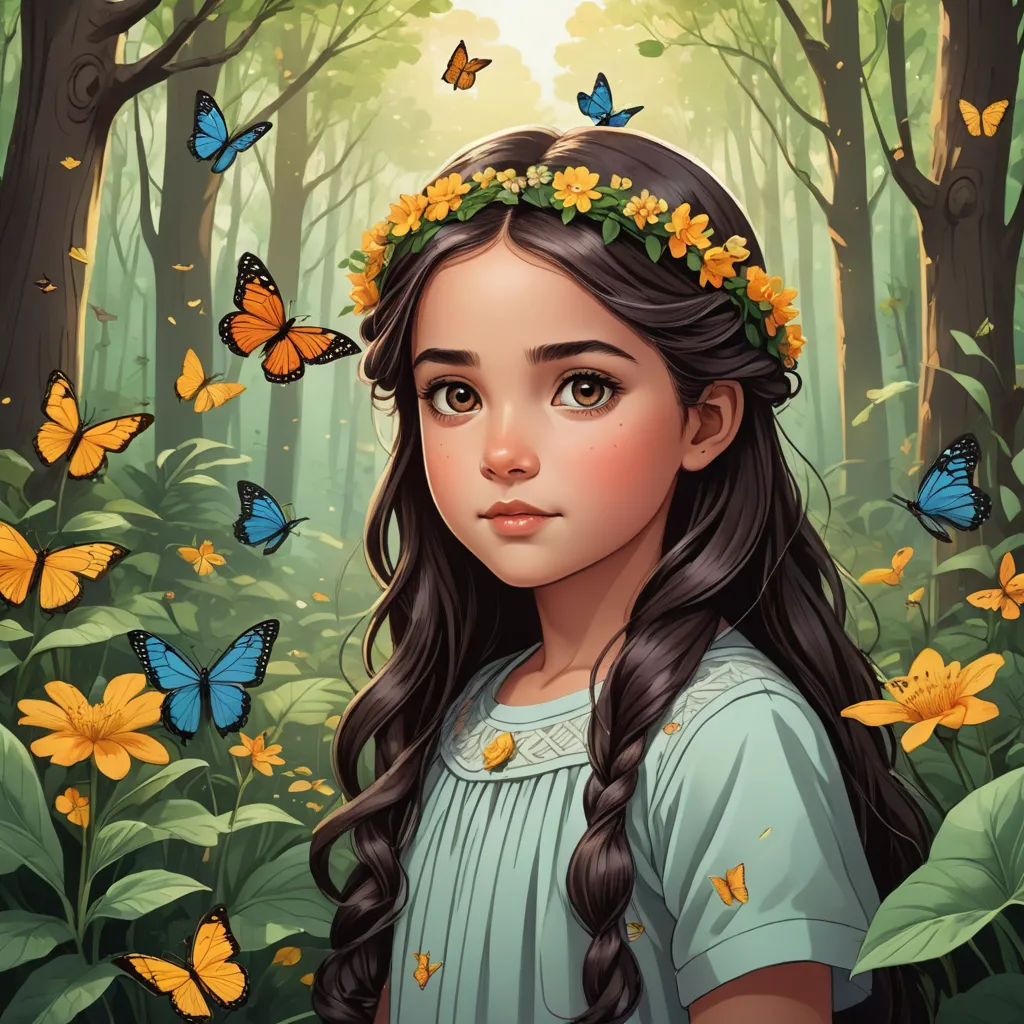 a girl with a wreath of flowers in a forest with butterflies around her head and a butterfly in her hair, fantasy art, a storybook illustration, Charlie Bowater, trending on art station