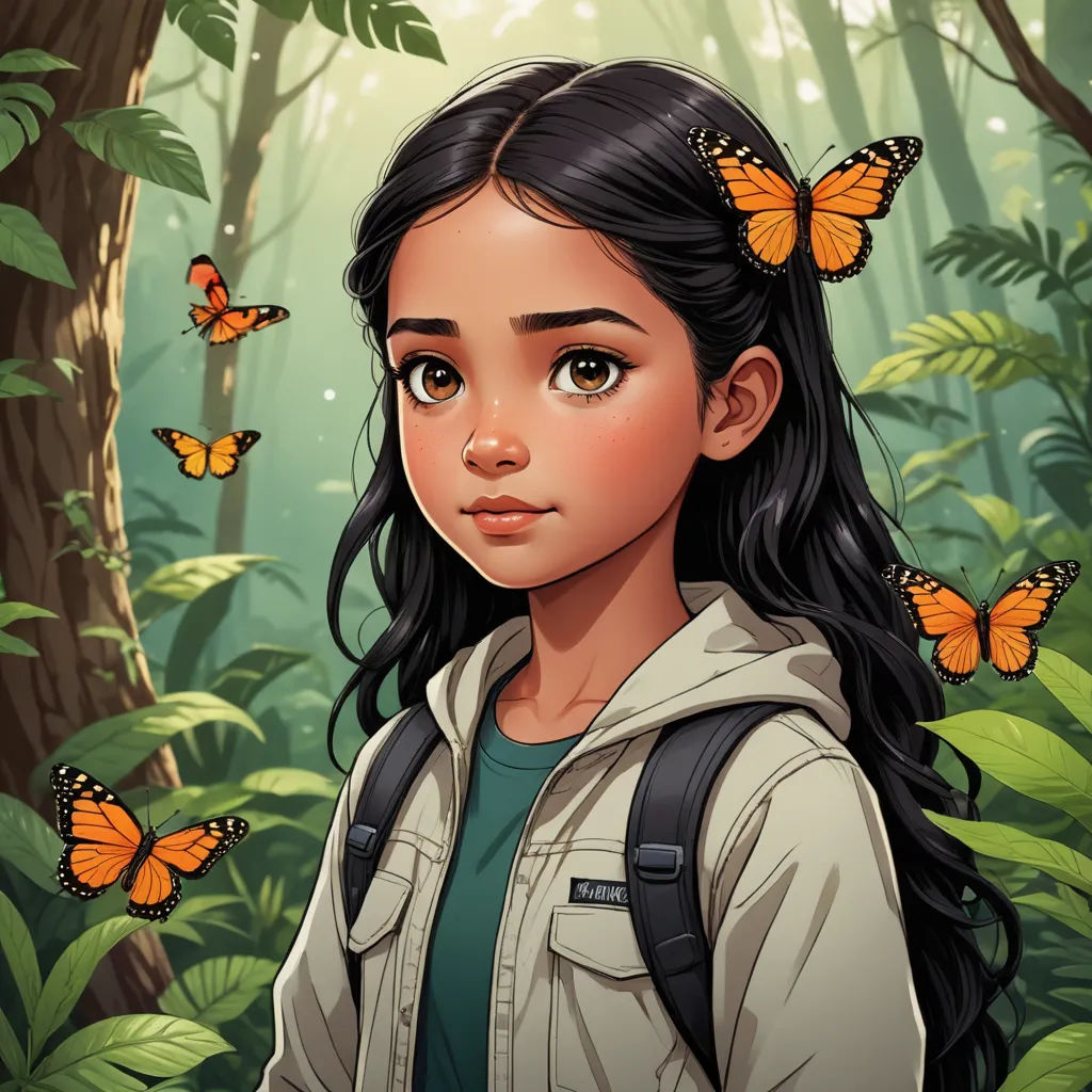 a girl with a backpack and butterflies on her head in the woods with a forest background and a forest scene, sots art, a character portrait, Clarice Beckett, kinkade