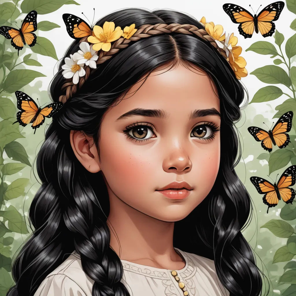 a girl with long hair and a flower in her hair, surrounded by butterflies and flowers, is looking at the camera, fantasy art, a detailed drawing, Charlie Bowater, highly detailed digital painting