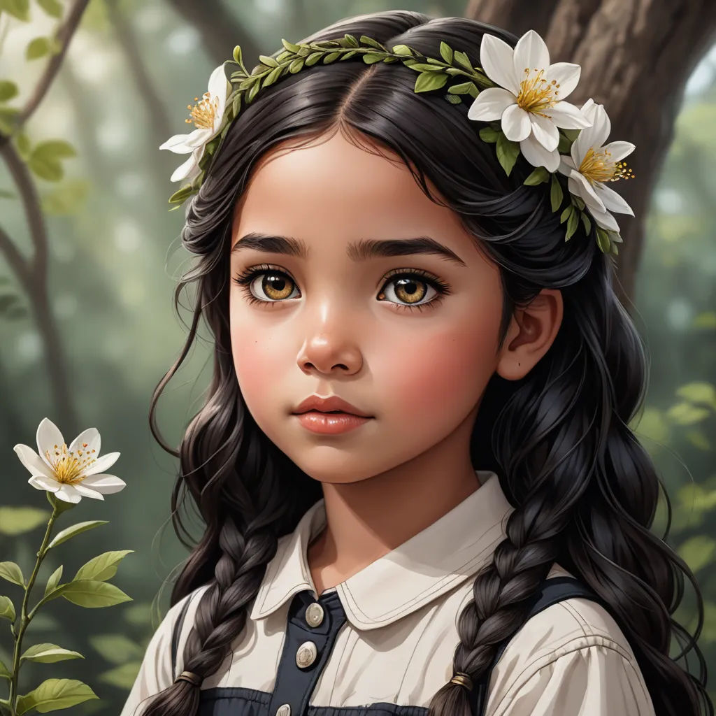 a painting of a girl with long hair and a flower in her hair, standing in a forest with white flowers, fantasy art, a detailed painting, Artgerm, trending on art station