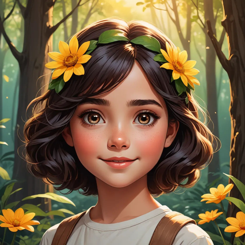 a girl with a flower crown on her head in a forest with yellow flowers in her hair and a forest background, fantasy art, a character portrait, Artgerm, trending on art station