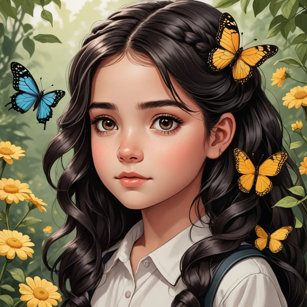 a girl with long hair and butterflies on her hair, standing in front of flowers and butterflies in the air, fantasy art, a character portrait, Alice Prin, trending on art station