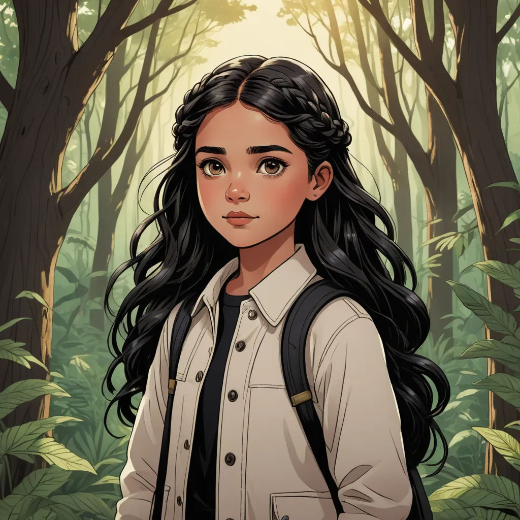 a girl with long black hair standing in a forest with trees and bushes behind her, with a backpack on her shoulder, fantasy art, a character portrait, Charlie Bowater, official art