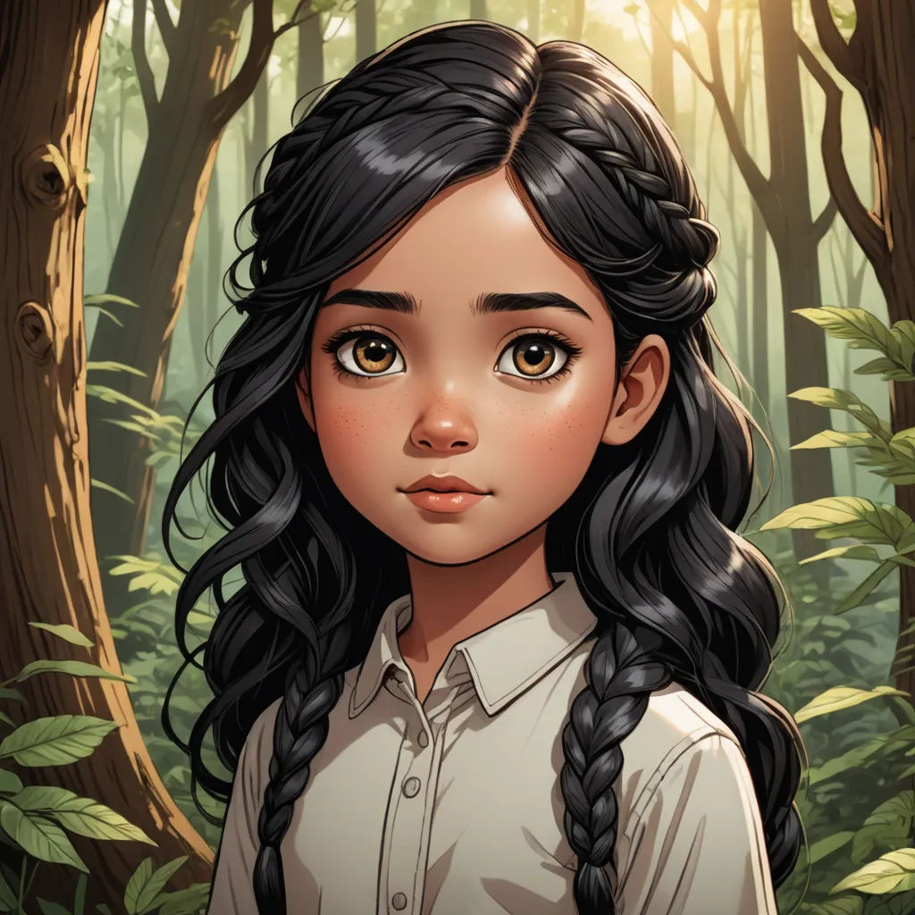 a girl with long black hair standing in a forest with trees and leaves behind her is a cartoon character, fantasy art, a character portrait, Artgerm, character portrait