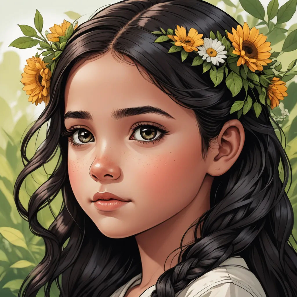 a girl with a flower in her hair and a sunflower in her hair is looking at the camera, fantasy art, a detailed painting, Charlie Bowater, trending on art station