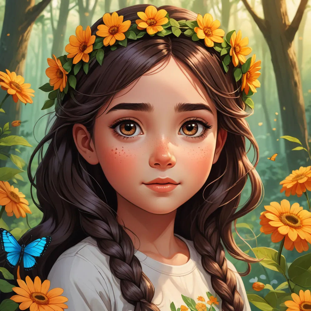 a girl with a flower crown in a forest with sunflowers on her head and a butterfly on her shoulder, fantasy art, a detailed painting, Artgerm, trending on art station