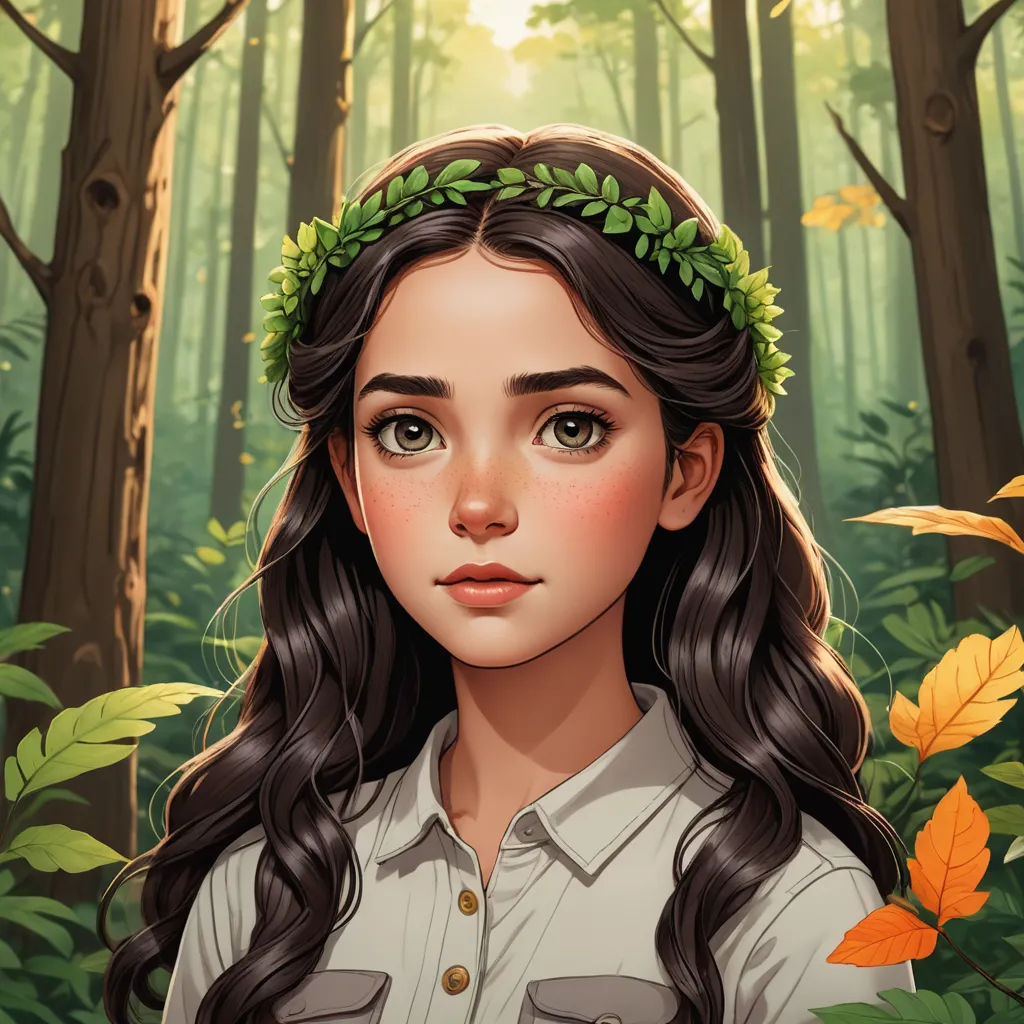 a girl with long hair and a wreath of leaves on her head stands in a forest with leaves on her head, fantasy art, a character portrait, Charlie Bowater, deviantart artstation