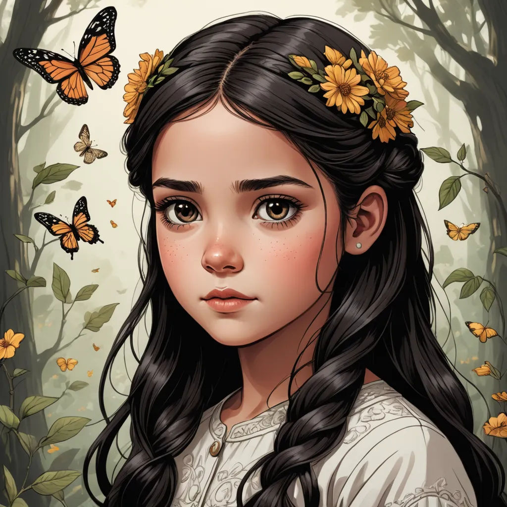 a girl with long hair and a flower in her hair, standing in a forest with butterflies flying around her, fantasy art, a character portrait, Artgerm, trending on art station