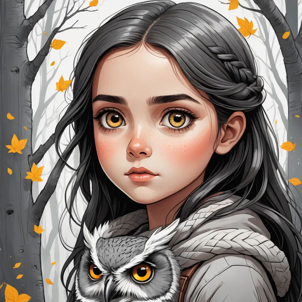 a girl with an owl on her shoulder in a forest with leaves and trees in the background, with a full moon in the sky, fantasy art, a character portrait, Charlie Bowater, trending on art station