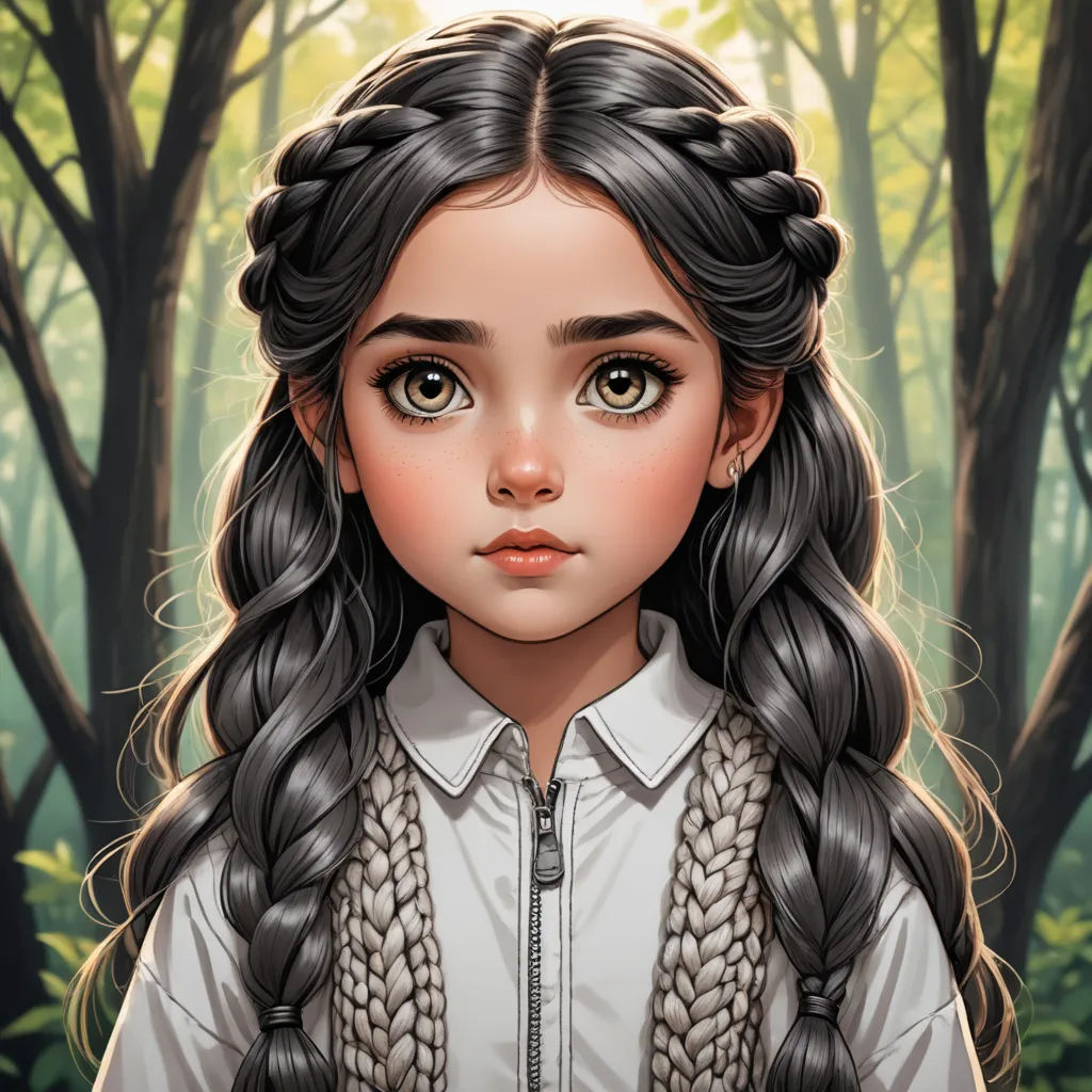 a digital painting of a girl with long hair and braids in a forest with trees and leaves behind her, fantasy art, a character portrait, Charlie Bowater, trending on art station