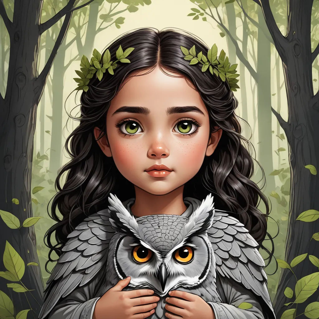 a girl with an owl on her shoulder in a forest with trees and leaves on her head, with a forest background, fantasy art, a storybook illustration, Brom, highly detailed digital painting
