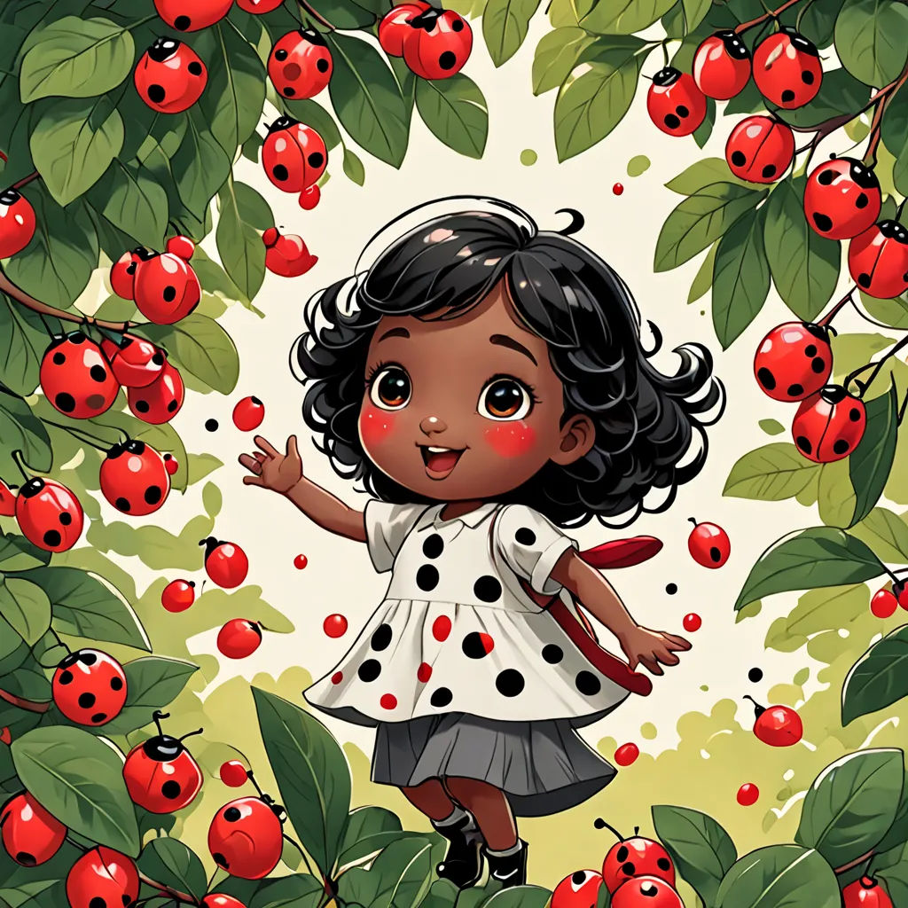 a little girl standing in a tree with lots of red berries on it's branches and a white background, pop surrealism, a storybook illustration, Cliff Childs, deviantart artstation