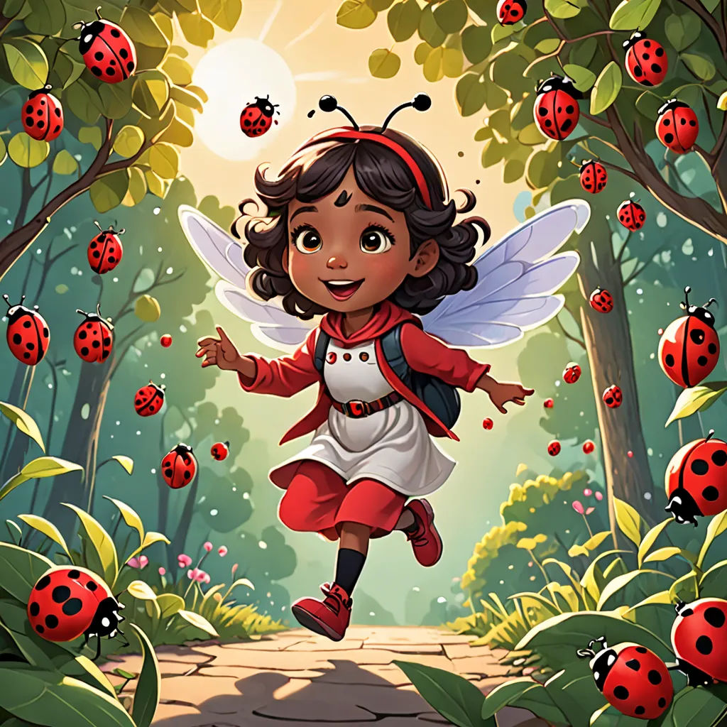 a little girl dressed as a fairy flying through a forest with ladybugs on the trees and a path, fantasy art, a storybook illustration, Chris LaBrooy, official art