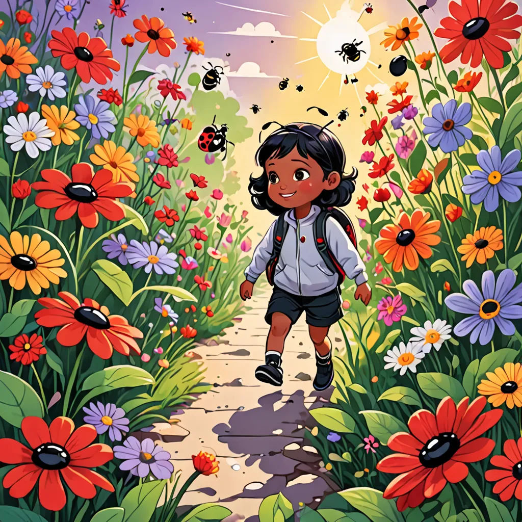 a little girl walking through a field of flowers with a lady bug on her shoulder and a lady bug on her shoulder, environmental art, a storybook illustration, Asaf Hanuka, comic cover art