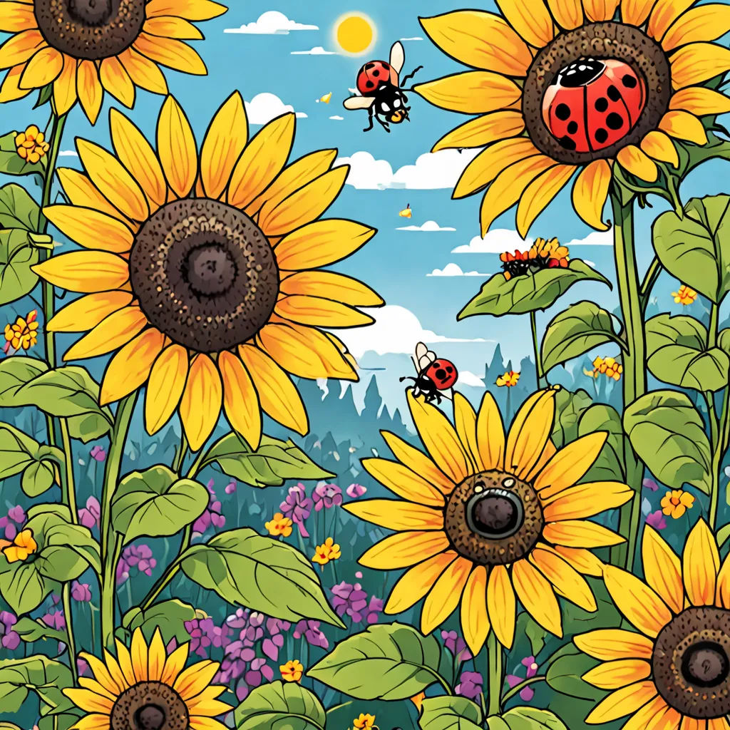 a painting of sunflowers and a ladybug in a field of flowers with a sky background, ecological art, a storybook illustration, Annabel Kidston, detailed illustration