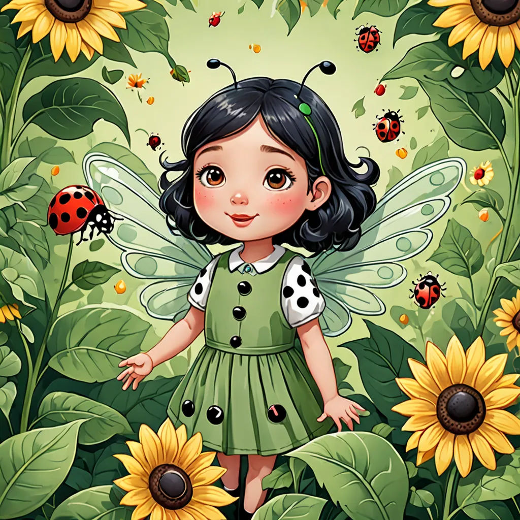 a little girl with a green dress and a lady bug on her back standing in a field of sunflowers, pop surrealism, a storybook illustration, Claire Hummel, storybook illustration