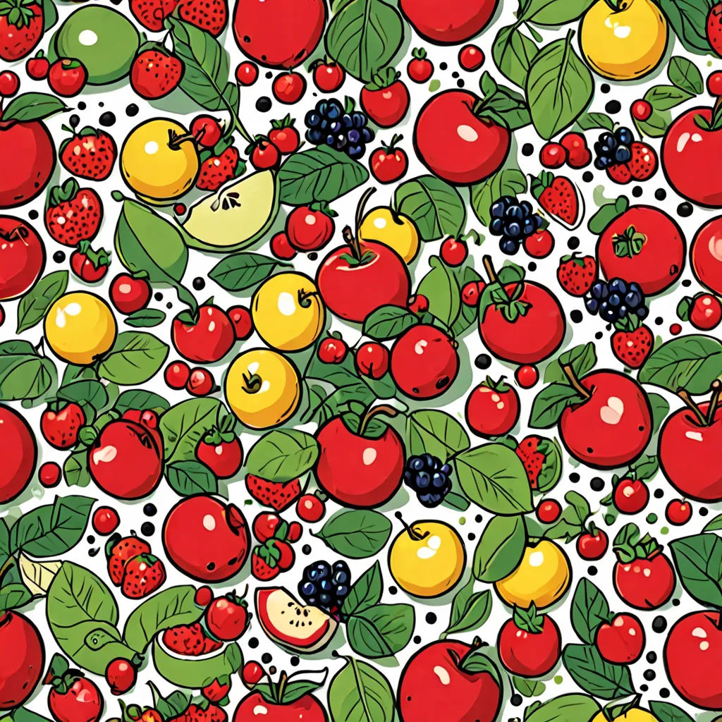 a lot of fruit on a white background with green leaves and berries on it, all in a pattern, generative art, a jigsaw puzzle, Annabel Kidston, berries