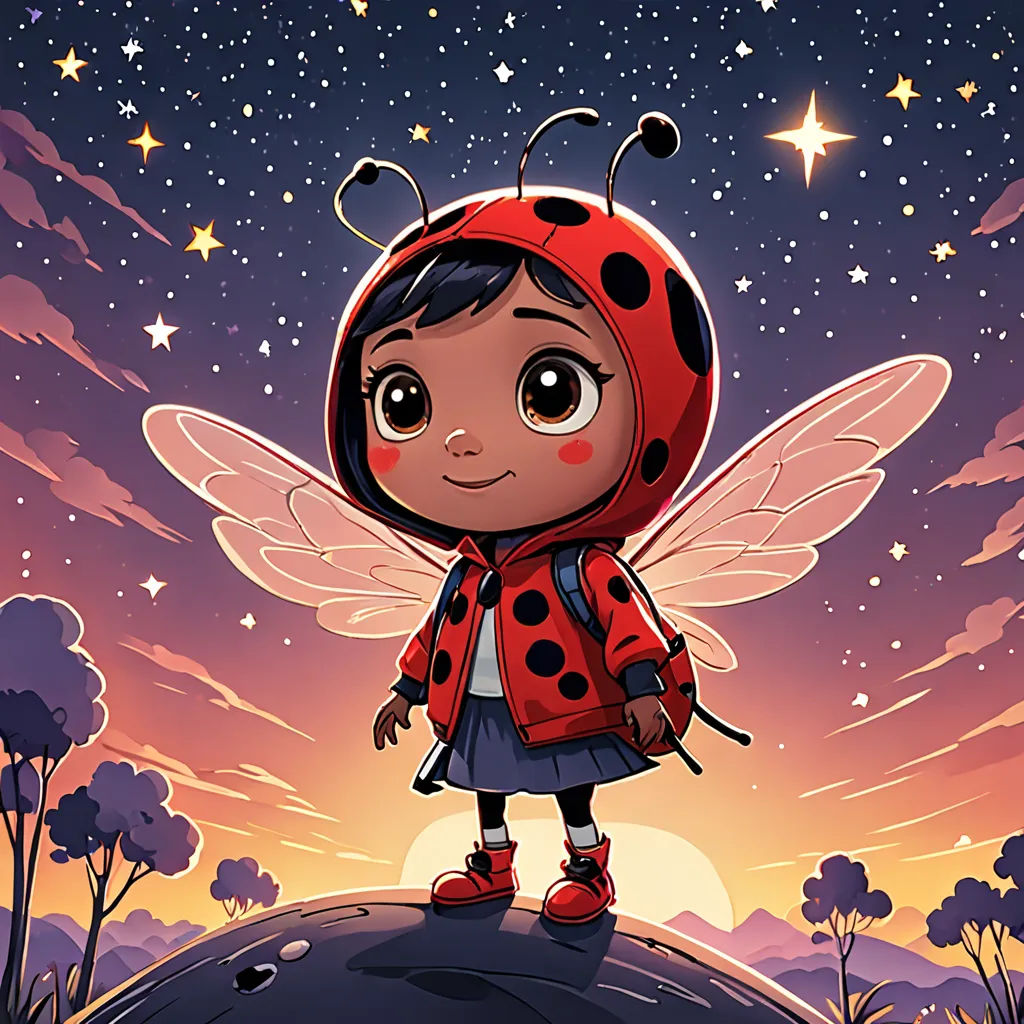 a cartoon lady bug standing on top of a hill with stars in the sky behind it and a full moon in the background, space art, a storybook illustration, Cliff Childs, promotional image