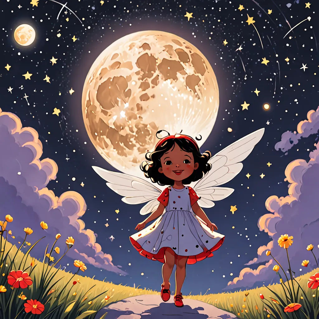 a little girl dressed in a fairy costume standing on a rock under the moon with stars and clouds in the sky, space art, a storybook illustration, Cliff Childs, storybook illustration