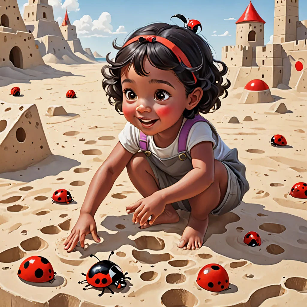 a little girl crawling in the sand with a bunch of ladybugs around her and a castle in the background, fantasy art, an airbrush painting, Chris LaBrooy, highly detailed digital painting