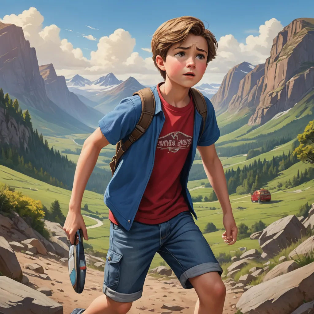 a painting of a boy walking on a path in the mountains with a backpack on his back and a frisbee in his hand, american scene painting, a storybook illustration, Aaron Jasinski, rossdraws global illumination