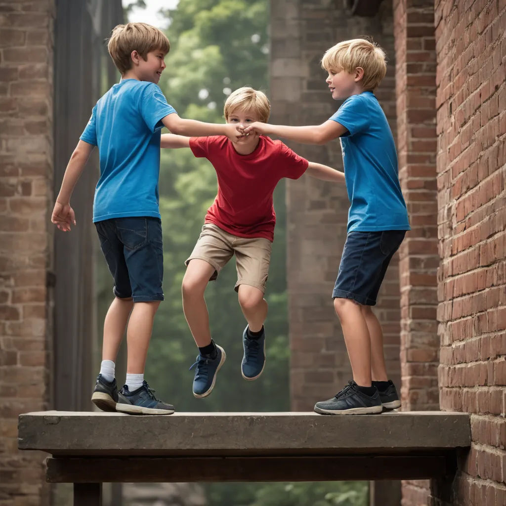 three boys are jumping off a ledge into the air together, with one boy in the air and the other boy in the air, heidelberg school, a stock photo, Daniel Lieske, symmetric balance