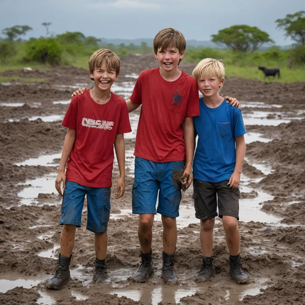 three boys standing in mud in a field with a cow in the background and a cow in the distance, primitivism, a jigsaw puzzle, Boetius Adamsz Bolswert, award-winning photograph