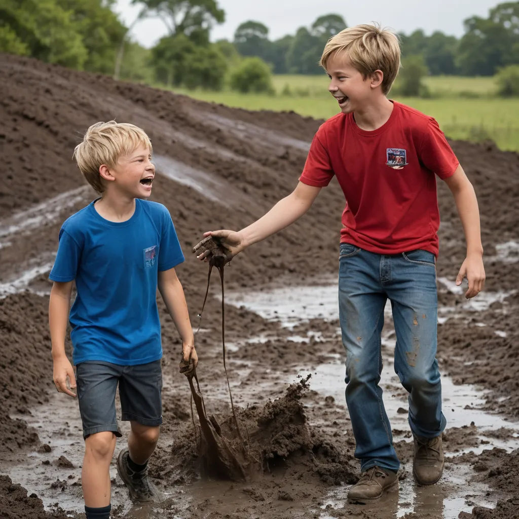 two boys are playing in a muddy field together, one is holding a shovel and the other is holding a shovel, land art, a stock photo, Anson Maddocks, promotional image