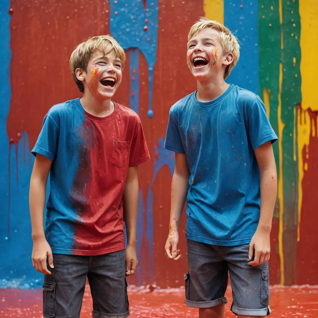 two boys standing in front of a colorful wall with paint on it and one boy laughing and the other boy standing with his mouth open, action painting, graffiti art, Christian Hilfgott Brand, summer vibrancy