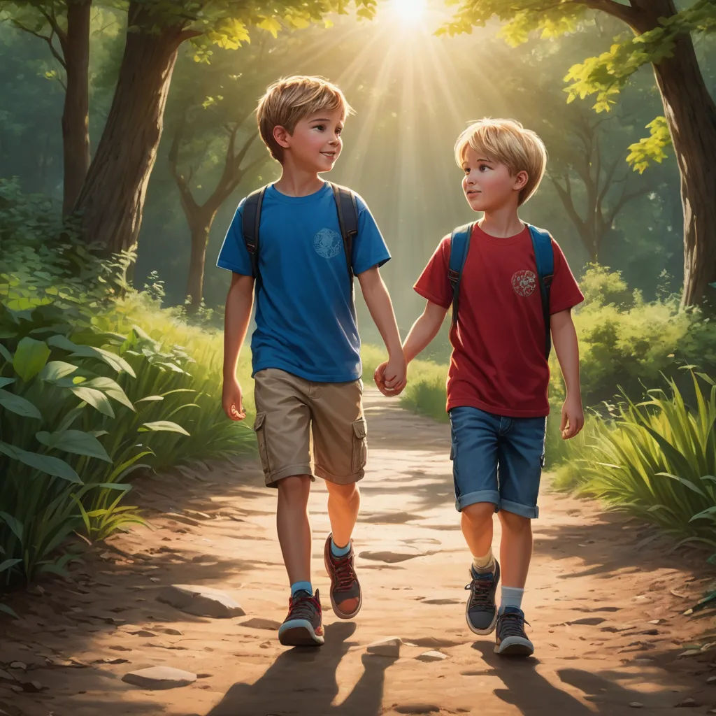two boys walking down a dirt path holding hands and smiling at each other with the sun shining through the trees, american scene painting, a digital painting, Brothers Hildebrandt, highly detailed digital painting
