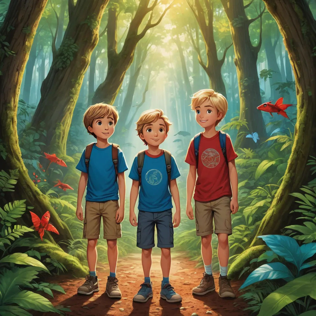a painting of two boys standing in a forest with a butterfly in the background and a red bird flying above them, sots art, a storybook illustration, Brothers Hildebrandt, official art