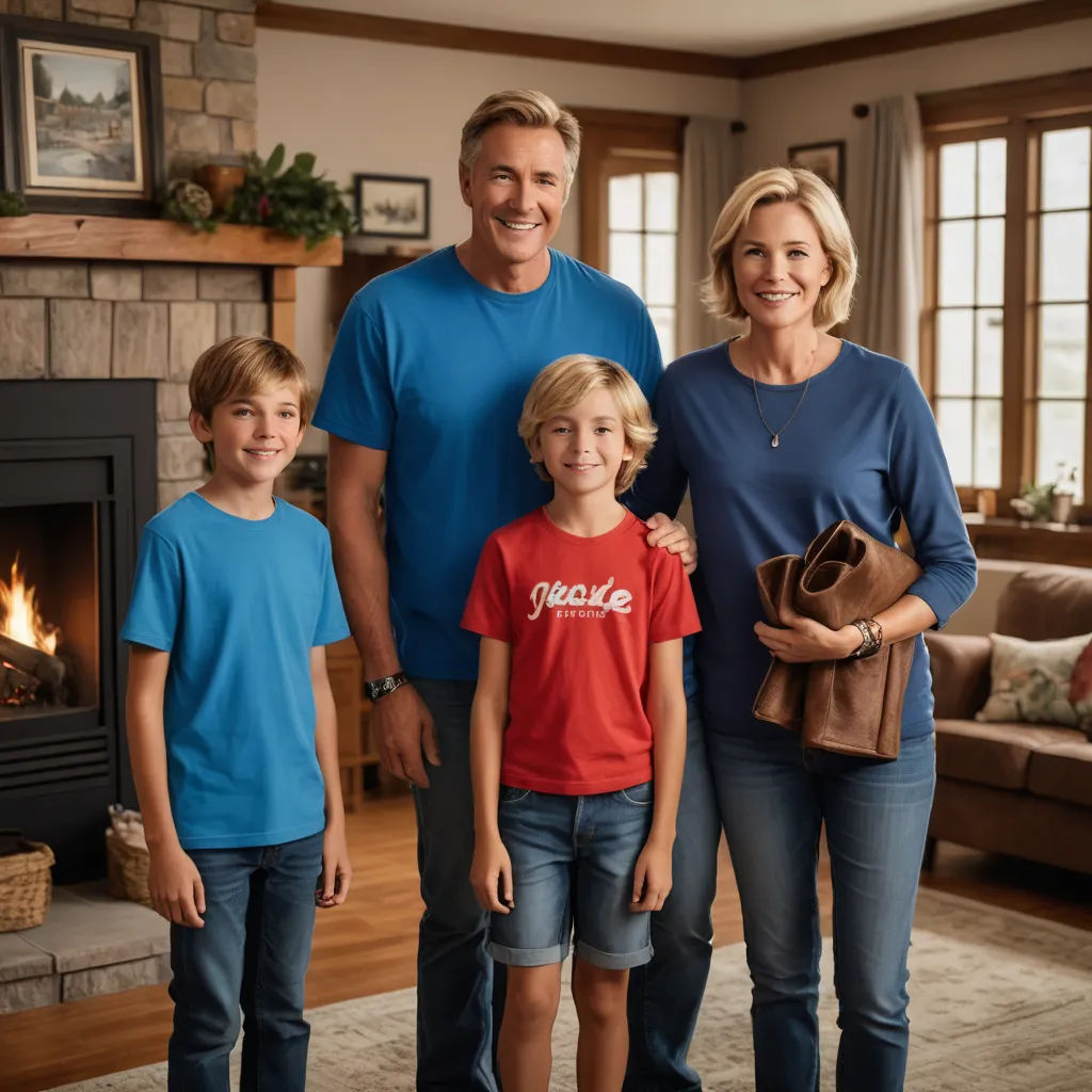 a family standing in front of a fireplace in a living room with a fireplace in the background and a man and two children standing in front of the fireplace, american scene painting, a storybook illustration, Doug Ohlson, promotional image