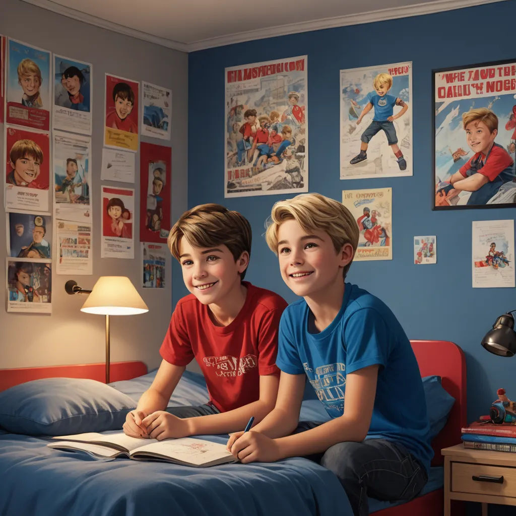 two boys sitting on a bed in a bedroom with posters on the wall and a lamp on the nightstand, photorealism, a comic book panel, Brothers Hildebrandt, comic book