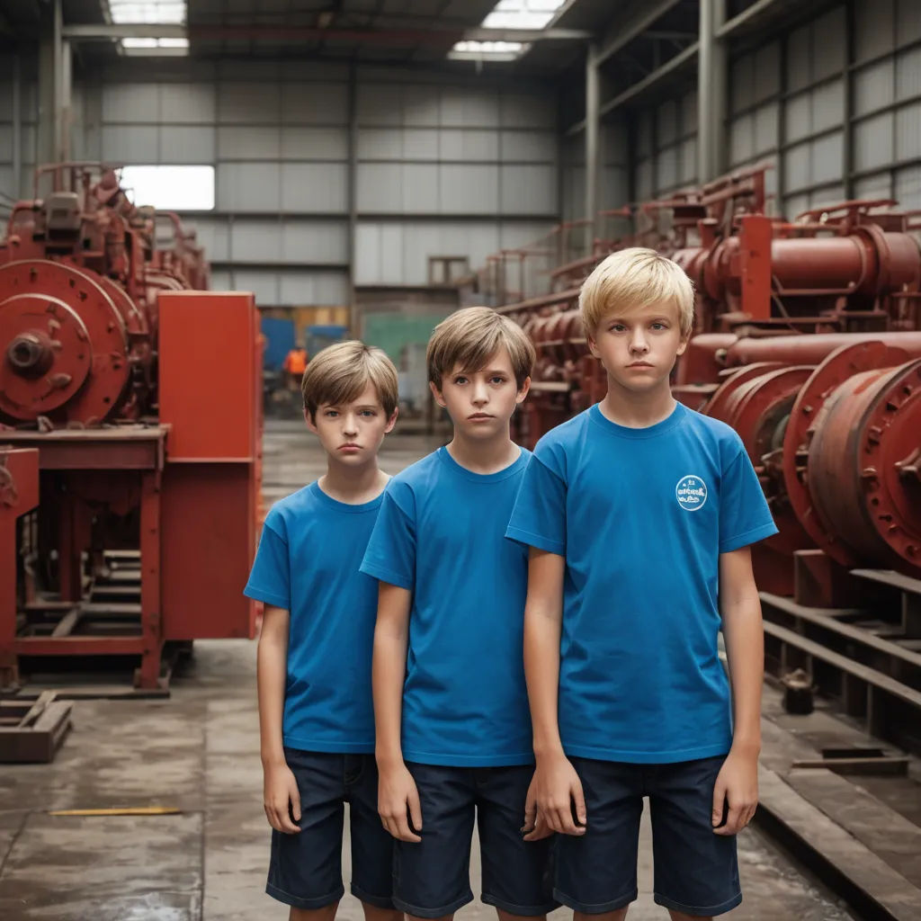 three boys in blue shirts standing in front of a large machine room with red pipes and machinery behind them, synchromism, a microscopic photo, Daniel Lieske, cinematic photography