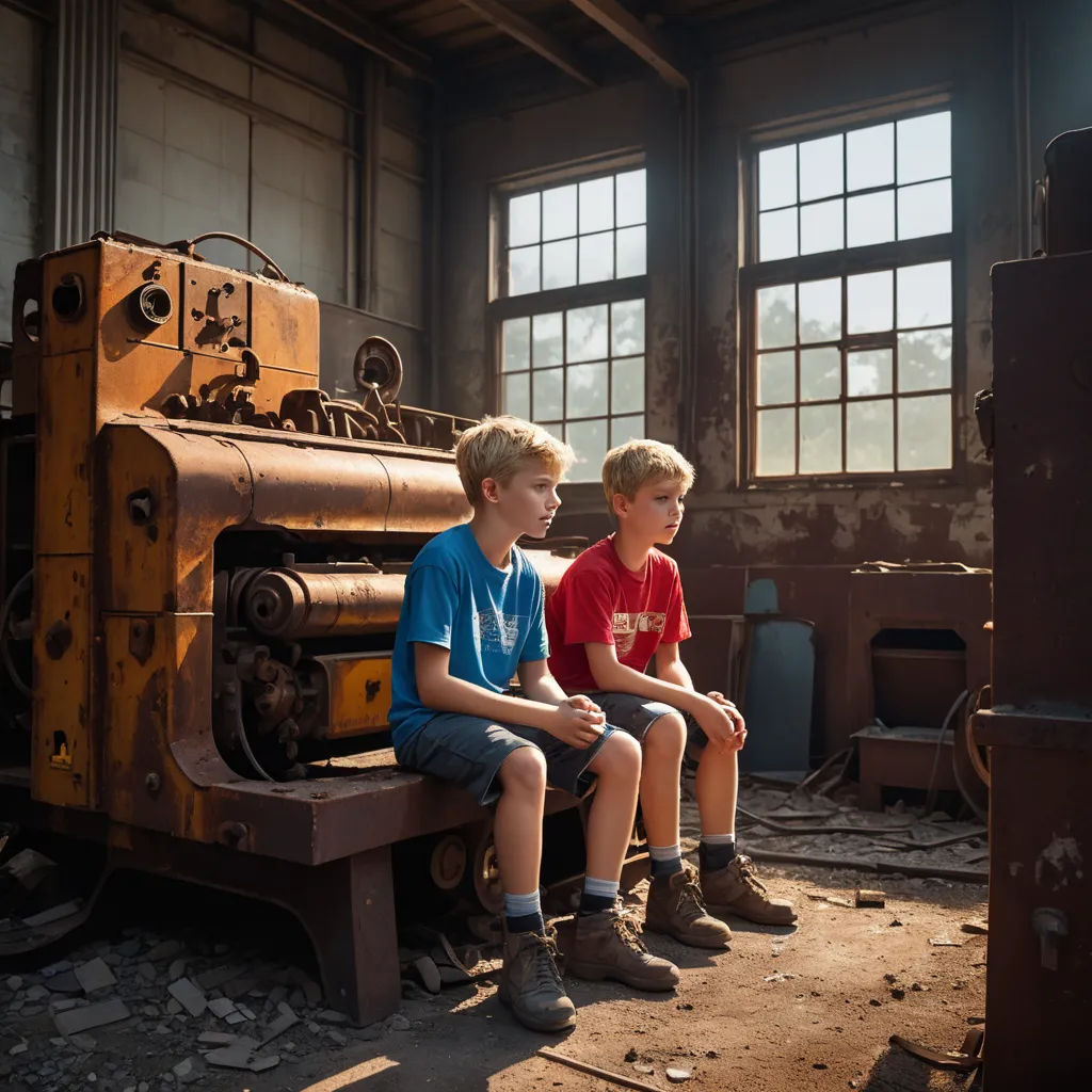 two boys sitting on a bench in a factory with a machine behind them and a window in the background, les automatistes, a stock photo, Daniel Lieske, cinematic photography