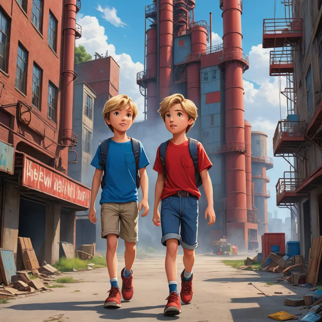 two boys walking down a street in front of a factory building with smoke stacks in the background and a sign that says, no another way, photorealism, concept art, Brothers Hildebrandt, rossdraws global illumination