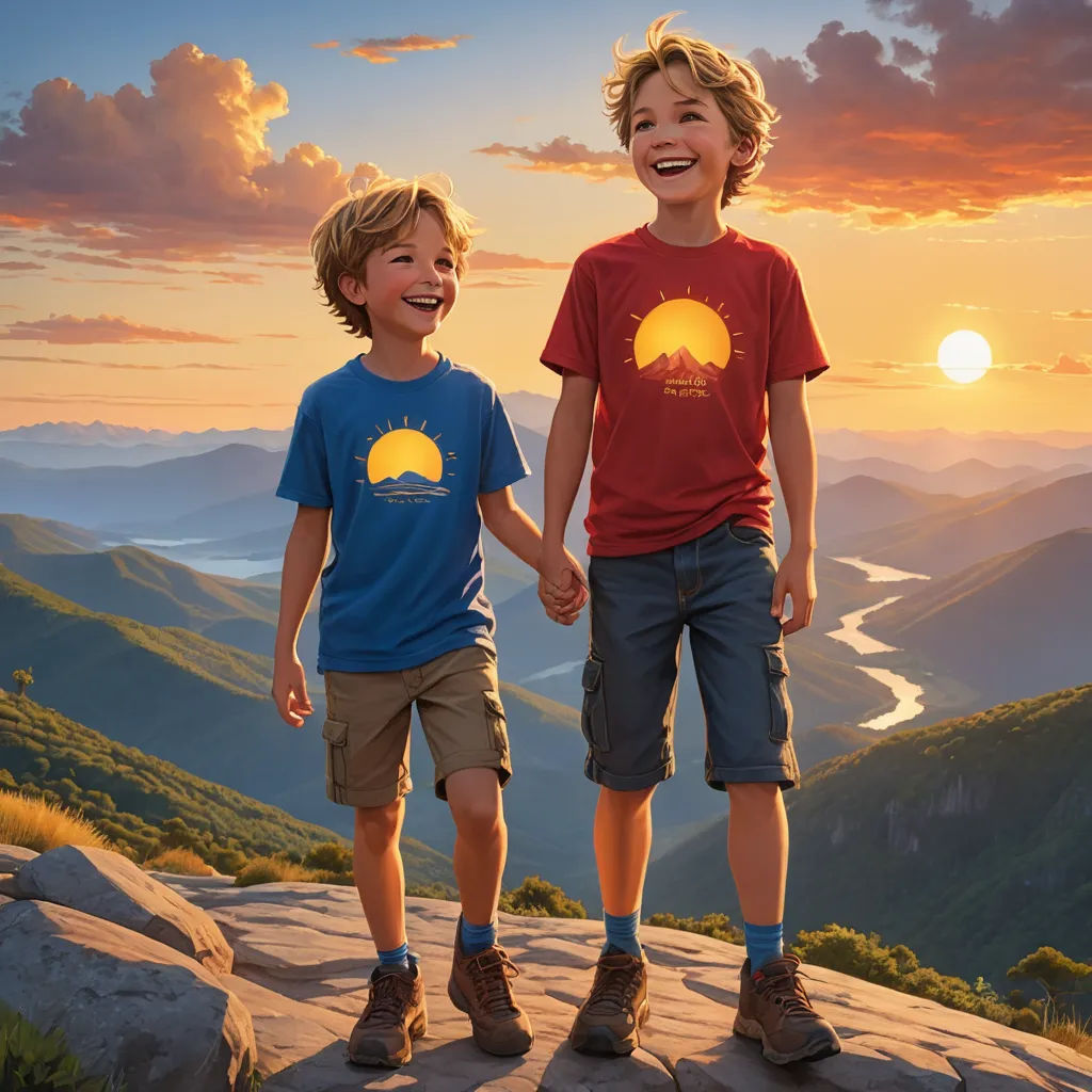 two boys standing on a rock with a sunset in the background and mountains in the background, both holding hands, hudson river school, a storybook illustration, Brothers Hildebrandt, promotional image